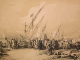 ¿Y si Cristóbal Colón creó nuestro mundo? Despedida de Cristóbal Colón en Palos de la Frontera. Litografía extraída de la obra "De Historia de la Real Marina Española", de José March y Labores y José Ferrer de Couto.