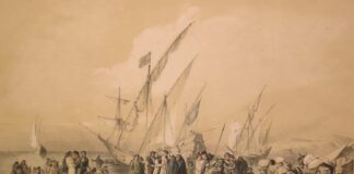Despedida de Cristóbal Colón en Palos de la Frontera. Litografía extraída de la obra "De Historia de la Real Marina Española", de José March y Labores y José Ferrer de Couto.
