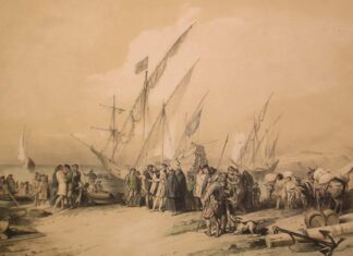 Despedida de Cristóbal Colón en Palos de la Frontera. Litografía extraída de la obra "De Historia de la Real Marina Española", de José March y Labores y José Ferrer de Couto.