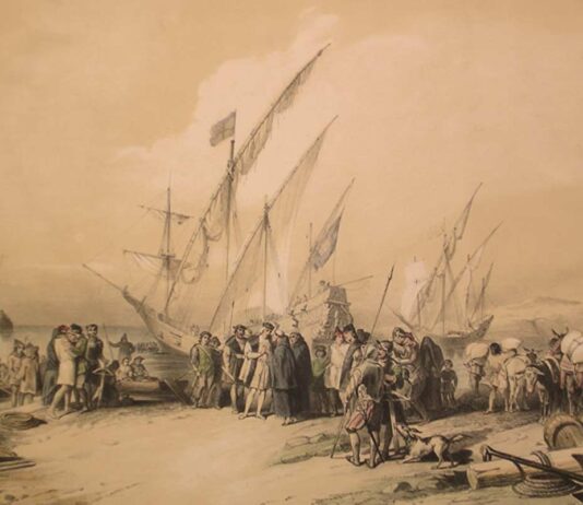 ¿Y si Cristóbal Colón creó nuestro mundo? Despedida de Cristóbal Colón en Palos de la Frontera. Litografía extraída de la obra "De Historia de la Real Marina Española", de José March y Labores y José Ferrer de Couto.