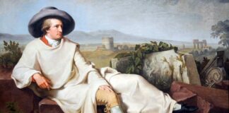 GOETHE EN LA CAMPIÑA ROMANA, por Johann Heinrich Wilhelm Tischbein, 1787. Se asocia a él la frase "prefiero la injusticia al desorden".