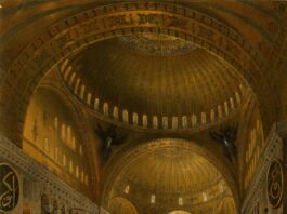 Vista interior de la mezquita de Santa Sofía en Estambul desde el balcón, con dos cúpulas arriba, multitud de fieles sobre la alfombra abajo y la entrada al fondo, según los dibujos de Fossati.