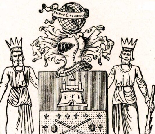 Escudo de armas concedido por Carlos V a Elcano en cuya cimera puede verse un globo terráqueo con la inscripción Primus circumdedisti me.