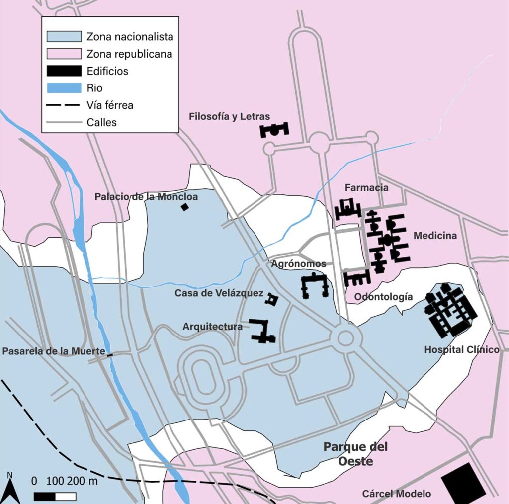 Mapa con enclaves estratégicos que republicanos y rebeldes se disputaron durante la batalla de la Ciudad Universitaria de Madrid (© Philippe Broquet).