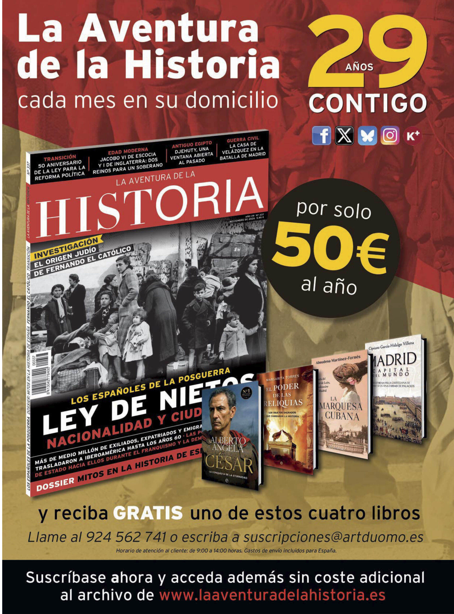 Oferta de suscripción a la revista "La Aventura de la Historia", correspondiente al mes de noviembre de 2026.