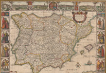 Mitos en la historia de España "Nova et accurata tabula Hispaniae", mapa atribuido a Nicolaes Visscher y fechado entre 1626 y 1638, que muestra los diferentes territorios de la Península enmarcados por vistas de sus ciudades y pobladores.