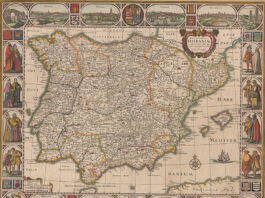 Mitos en la historia de España "Nova et accurata tabula Hispaniae", mapa atribuido a Nicolaes Visscher y fechado entre 1626 y 1638, que muestra los diferentes territorios de la Península enmarcados por vistas de sus ciudades y pobladores.