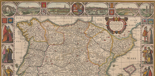 Mitos en la historia de España "Nova et accurata tabula Hispaniae", mapa atribuido a Nicolaes Visscher y fechado entre 1626 y 1638, que muestra los diferentes territorios de la Península enmarcados por vistas de sus ciudades y pobladores.