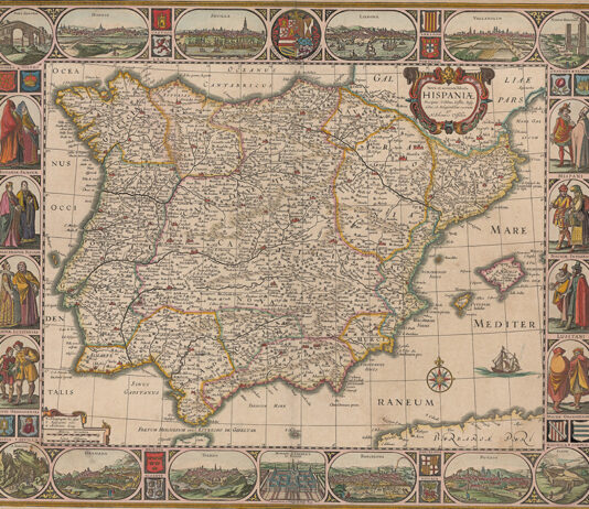 "Nova et accurata tabula Hispaniae", mapa atribuido a Nicolaes Visscher y fechado entre 1626 y 1638, que muestra los diferentes territorios de la Península enmarcados por vistas de sus ciudades y pobladores.