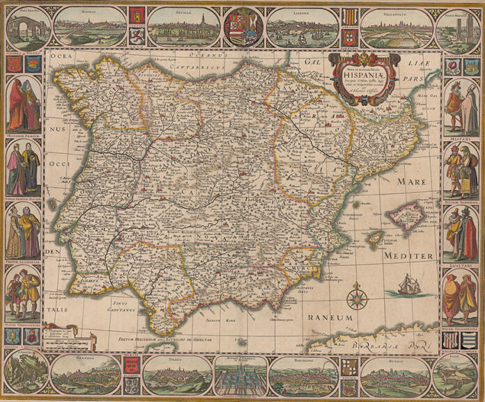 "Nova et accurata tabula Hispaniae", mapa atribuido a Nicolaes Visscher y fechado entre 1626 y 1638, que muestra los diferentes territorios de la Península enmarcados por vistas de sus ciudades y pobladores. "Nova et accurata tabula Hispaniae", mapa atribuido a Nicolaes Visscher y fechado entre 1626 y 1638, que muestra los diferentes territorios de la Península enmarcados por vistas de sus ciudades y pobladores.